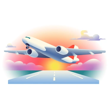 A large airplane with a sleek silver body is taking off from a runway. The airplane's wings are extended, and its landing gear is retracting as it ascends into the sky. In the background, a vibrant sunset displays shades of orange, pink, and purple, casting a warm glow across the clouds. The silhouette of the airplane contrasts against the colorful sky, while the runway is illuminated by soft lights leading towards the horizon.