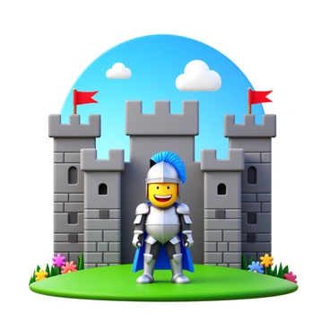 A 3D cartoon knight character in shining armor is standing confidently in front of a medieval castle. The knight has a broad smile and a plumed helmet, with intricate details on the armor reflecting light. The medieval castle features high stone walls, numerous towers, and a flag fluttering from the battlements. The background includes a clear blue sky with a few fluffy clouds. The ground is covered in green grass, and there are colorful flowers scattered around, adding vibrancy to the scene.