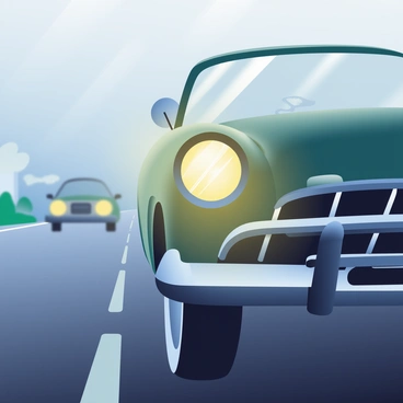 A close-up of a classic car's headlights illuminating the dense fog on a dark road. The headlights are round and chrome, casting a warm yellow light that cuts through the mist. The glass of the headlights glistens with moisture from the fog. In the background, the silhouette of the car can be seen, with elegant lines and vintage features. The dark asphalt of the road is wet, reflecting the light from the headlights. Soft wisps of fog curl around the car, creating a mysterious atmosphere.