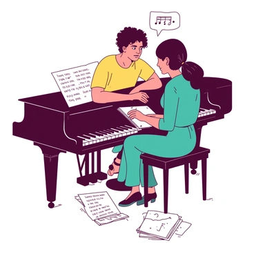 Two musicians are sitting at a grand piano, with one musician playing while the other is leaning in, discussing the music. The piano has polished black keys that shine under soft light. Scattered around the piano are several white lyric sheets, some crumpled and others neatly stacked, displaying handwritten notes and lyrics. The first musician has a bright yellow shirt and is focused on their playing, while the second musician, wearing a teal outfit, has a notebook open on their lap, jotting down ideas. A sense of collaboration and creativity fills the space around them.