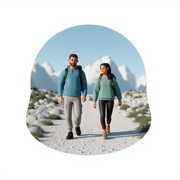 Two hikers, a man and a woman, are walking on a gravelly mountain trail. The man is wearing a blue hiking jacket, gray cargo pants, and black hiking boots. The woman is dressed in a green sweatshirt, black leggings, and sturdy brown boots. They both carry backpacks and are focused on the path ahead. The trail is surrounded by rocky outcrops and sparse vegetation. The gravel beneath their feet appears disturbed, with small stones scattered as they walk. The background showcases tall mountains under a clear blue sky.