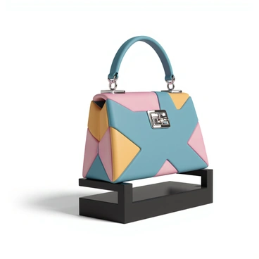 A designer handbag with a unique geometric pattern in vibrant colors, including blues, pinks, and yellows. The handbag features shiny metal buckles that reflect light, adding a touch of elegance. It is elegantly placed on a sleek black display stand, with subtle shadows enhancing its prominent position. The background is softly blurred to keep the focus on the handbag's intricate design and details.