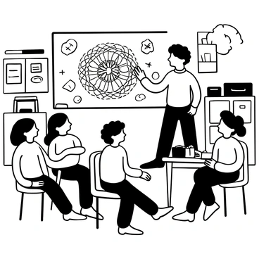 A teacher standing next to a blackboard, pointing at a detailed diagram that illustrates a complex concept. The blackboard is filled with various drawings and notes. In front of the teacher, a group of students is seated at their desks, showing interest in the lesson. Some students are leaning forward, while others are taking notes. The classroom is equipped with bookshelves and educational posters on the walls.