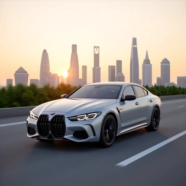A sleek, silver BMW car with a modern design is driving on a smooth highway. The vehicle has a shiny exterior, reflecting the soft light of dawn. In the background, a futuristic city skyline rises, featuring tall skyscrapers with glass facades and unique architectural shapes. The sky is painted in shades of orange and pink as the sun begins to rise, illuminating the scene with a warm glow. The road is lined with greenery, adding a touch of nature to the urban landscape.