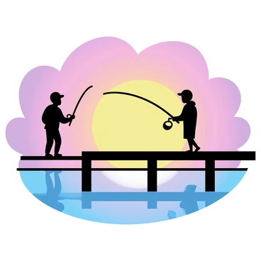 A sunset with vibrant orange and purple hues illuminating the sky. Silhouettes of two fishermen are visible, standing on a wooden pier. Each fisherman is casting their fishing lines into the calm sea. The reflections of the colors from the sky can be seen on the water's surface. The wooden pier extends into the scene, framing the fishermen and the tranquil water around them.