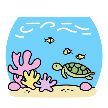 A vibrant coral reef, featuring intricate formations of various shapes and sizes. Colorful tropical fish, including yellow tangs and clownfish, swim among the corals. A large sea turtle gliding smoothly through the water, its shell marked with patterns of green and brown. Sunlight filters down from the surface, creating ripples of light on the sandy ocean floor below.