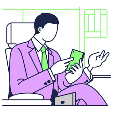 A busy businessperson is sitting on a train, engrossed in a poker game on their mobile device. The person has short dark hair and is wearing a tailored suit with a crisp white shirt. Their expression is concentrated, showcasing a focused poker face as they look at the screen. The train's interior is visible around them, with seats and windows in the background. The businessperson's hands are positioned on the mobile device, and a briefcase rests beside them on the seat.