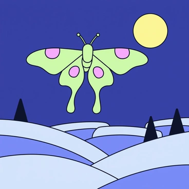 A luna moth with large, pale green wings and distinct eyespots is flying gracefully through the night sky. The moth's wings are spread wide, showcasing their delicate texture and elongated tails. Below, a moonlit landscape features rolling hills bathed in soft silver light, with patches of dark shadows creating a contrast against the illuminated ground. In the background, a full moon hangs low in the sky, casting a gentle glow over the scene and illuminating scattered trees that dot the horizon.