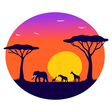 Silhouettes of acacia trees with widely spread branches stand tall against the vibrant backdrop of an African sunset. The sky is filled with a gradient of warm colors, transitioning from deep orange to soft purple. Various wildlife figures, such as elephants and giraffes, are visible in the foreground, their shapes outlined against the glowing horizon. The scene captures the essence of a tranquil evening in the savanna, with a few scattered clouds reflecting the sunset hues.