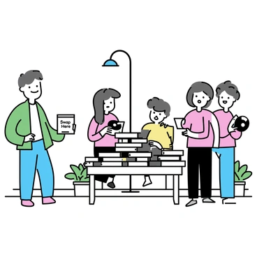 A street corner setting featuring a wooden table piled high with various books and vinyl records. Several people of diverse ages gather around, engaged in conversation. One person, wearing a green jacket and blue jeans, holds a book while another, dressed in a red shirt and black trousers, examines a record. In the background, a streetlamp stands tall, and a few potted plants add greenery to the scene. A small sign on the table reads "Swap Here" in clear lettering.