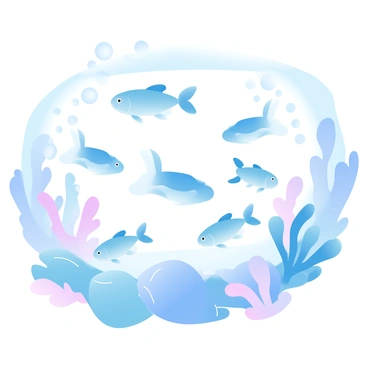 A vast underwater scene filled with a variety of fish swimming gracefully among coral formations. The fish have elongated, fluid shapes and are depicted in different sizes, showcasing various patterns. The coral features intricate, detailed textures, with branching and bulbous structures creating depth in the illustration. Bubbles are rising through the water, adding a sense of movement. The overall composition captures the harmony of marine life interacting within their vibrant environment.