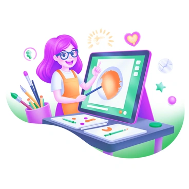 A colorful scene featuring an animated character standing in front of a large digital tablet. The character is a cheerful young woman with bright purple hair, wearing stylish glasses and a colorful apron. She holds a stylus in one hand and points to a vibrant digital drawing displayed on the tablet screen. Surrounding her are various art supplies such as paintbrushes, colored pencils, and sketchbooks, all arranged neatly on a desk. In the background, there are playful doodles and icons that represent creativity, such as stars, hearts, and lightbulbs. The setting feels whimsical and inviting, perfect for an online illustration course.