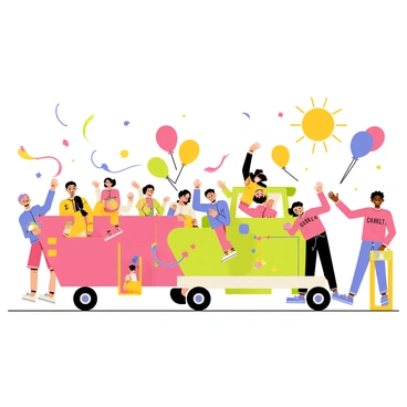 A lively parade featuring multiple colorful floats, each adorned with bright decorations and unique themes. Joyful characters in vibrant costumes dance and wave to the crowd, spreading excitement and cheer. Balloons of various shapes and sizes float above the scene, adding to the festive atmosphere. The sun shines brightly overhead, illuminating the joyful expressions of the participants and spectators alike. Streamers and confetti fill the air, creating a dynamic and celebratory ambiance.