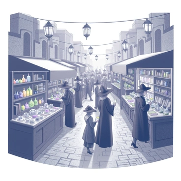 A crowded market scene filled with witches. Various stalls are set up, each displaying an array of enchanted items such as mystical amulets, shimmering crystals, and intricate spellbooks. Witches of different ages and styles are interacting with customers, some mixing potions in glass containers while others showcase glowing artifacts. The ground is paved with cobblestones, and hanging lanterns illuminate the area, casting interesting shadows. A sense of excitement fills the air as the aromas of herbs and spices waft through the market.