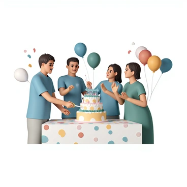 A group of five colleagues is gathered in an office setting, celebrating a project milestone. They are standing around a large rectangular table covered with a colorful tablecloth. On the table, there is a beautifully decorated cake with "Congratulations" written on top in frosting. Surrounding the cake are vibrant balloons in various colors, including blue, red, and yellow. The colleagues are smiling and raising their drinks in a toast. One colleague, wearing a blue shirt, is holding a pair of gold scissors, preparing to cut the cake, while another colleague, in a green dress, is clapping excitedly. The atmosphere is lively and festive, filled with a sense of accomplishment.