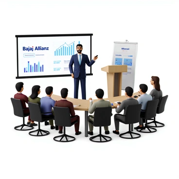 A professional man with short black hair wearing a navy blue suit and a light blue tie stands confidently at a podium in a modern conference room. He is holding a remote control in one hand and pointing towards a large screen displaying the "Bajaj Allianz" logo. The screen shows various graphs and statistics related to business performance. Around him, several attendees, men and women of diverse backgrounds, sit at a long rectangular table, looking engaged and taking notes. The room is well-lit with large windows and modern decor, featuring a sleek design with a minimalist aesthetic.