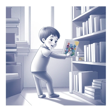 A child with bright eyes stands in front of a bookshelf in a local bookstore. The child is reaching out with both hands towards a book that features vibrant illustrations on its cover. The shelves around the child are filled with various books, some stacked and others standing upright. Sunlight streams through a nearby window, casting gentle shadows on the wooden floor. The child’s expression is one of excitement and curiosity as they focus intently on the book they are about to pick up.