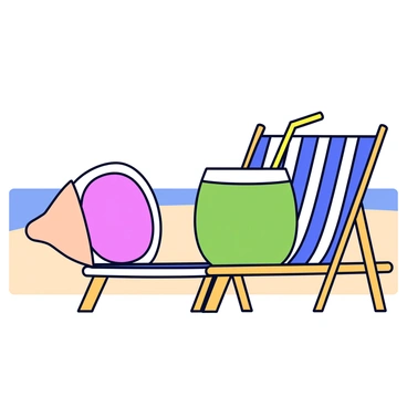 A conch shell with a smooth, pink interior is positioned next to a tall coconut drink. The coconut is green with a straw sticking out, resting on a light-colored wooden surface. The tropical beach lounge chair is made of woven bamboo and features a striped fabric in shades of blue and white. In the background, there are soft sand and clear blue skies.