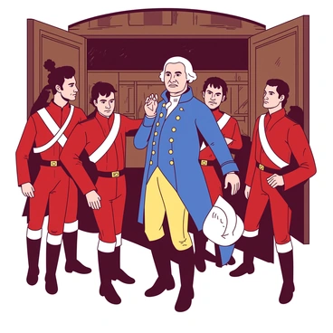 A duotone illustration features George Washington standing at the entrance of Fraunces Tavern. He is dressed in a blue military uniform with gold accents, conveying a sense of authority and leadership. Surrounding him are several soldiers dressed in red uniforms, all displaying expressions of camaraderie and sadness as they prepare to part ways. The tavern behind them has wooden beams and a rustic appearance, filled with warm light that contrasts with the blue of Washington's uniform. In the foreground, a soldier holds a white hat to his chest, while another has a hand on Washington's shoulder, symbolizing their bond. The atmosphere is filled with a mix of resolve and emotion as they share this farewell moment.