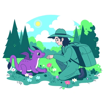 A duotone illustration featuring a teal explorer wearing a wide-brimmed hat and a backpack, is kneeling in a lush green meadow filled with vibrant flowers. In front of the explorer, a friendly purple mythical creature resembling a small dragon with large, expressive eyes is playfully interacting. The creature has shimmering scales that reflect light, while its wings are slightly spread, showcasing intricate patterns. The explorer extends a hand toward the creature, inviting curiosity and connection, as bright sun rays filter through the trees surrounding the meadow.