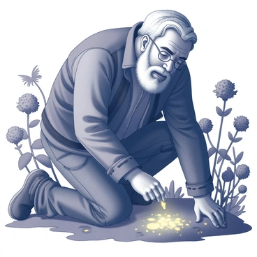 A large man with a shaggy beard is kneeling on the ground, carefully planting seeds in the soil. The seeds have a soft glow that illuminates the surrounding darkness, casting gentle light on his weathered hands. He is wearing a rugged jacket and trousers, typical of a caretaker in a magical environment. Around him, there are various enchanted plants, some with unusual shapes and textures, creating a lush backdrop. The atmosphere is filled with an air of mystery, enhanced by the dim light from the glowing seeds and the shadowy surroundings.
