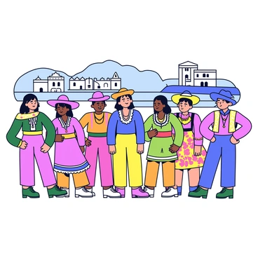A mural featuring a vibrant scene that showcases the cultural heritage of a community. In the foreground, several individuals are depicted wearing traditional attire, which includes colorful dresses, woven fabrics, and hats unique to the culture. Each person has a distinct pose that reflects their cultural traditions. In the background, recognizable local landmarks are illustrated, such as a historical building and a natural feature like a mountain or river, enhancing the sense of place. The overall composition of the mural is harmonious, blending the figures and landmarks seamlessly.