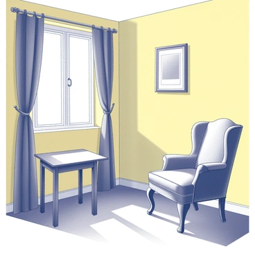 A room with yellow wallpaper that covers the walls, creating a textured surface. The room is dimly lit by soft, early morning light filtering through a partially drawn curtain. A small wooden table stands in the corner, and a vintage armchair is positioned nearby. Shadows play across the floor, deepening the sense of intimacy and quiet. A framed picture hangs on the wall, partially illuminated by the morning light.