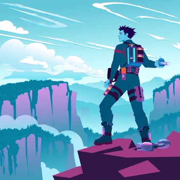 An intrepid explorer with rugged features and wind-blown hair stands triumphantly on a rocky mountain peak. He is dressed in a high-tech survival outfit with various gadgets attached to his belt. His intense gaze is directed towards a vast, notorious uncharted territory filled with dense jungles and towering cliffs in the distance. The sky above is ambient with swirling clouds, hinting at an impending storm, while the sun casts dramatic rays of light that illuminate the explorer's determined expression. A compact drone hovers nearby, capturing images of the landscape ahead.