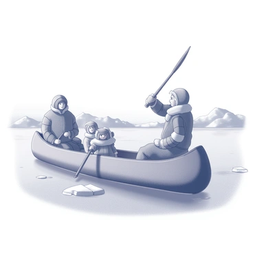 An Inuit family is positioned in a canoe on calm water. Each member is wearing traditional clothing made of fur, with intricate patterns and textures visible. The father is at the back, skillfully steering the canoe with a wooden paddle. The mother is seated in the middle, holding a small child wrapped in a fur blanket. The older child is at the front, also holding a paddle, looking ahead. The landscape around them features distant snow-covered mountains, with patches of ice floating in the water. The sky above is clear, emphasizing the family's journey across the tranquil scene.
