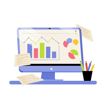 A computer screen displaying a variety of colorful graphs and marketing analytics. The screen features a bar graph in bright blue, a line graph in vibrant green, and a pie chart in multiple shades. Around the computer, there are scattered documents and a cup filled with colorful pens. The background includes a simple desk with a smooth surface.