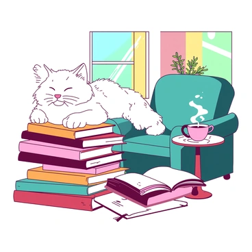 A fluffy white cat is lounging comfortably on a stack of colorful books in a cozy home library. The books are arranged in a slightly chaotic fashion, their spines featuring various titles and colors. The cat has its eyes closed, basking in the warm sunlight that filters through a nearby window. There is a plush, teal armchair in the background, and a small table beside it holding a steaming cup of tea. A delicate green plant peeks out from a corner, adding a touch of life to the inviting space.
