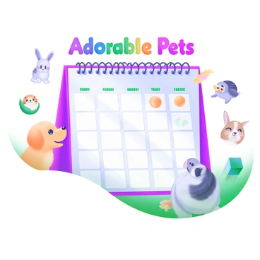 A calendar featuring adorable pet illustrations, with a different pet for each month