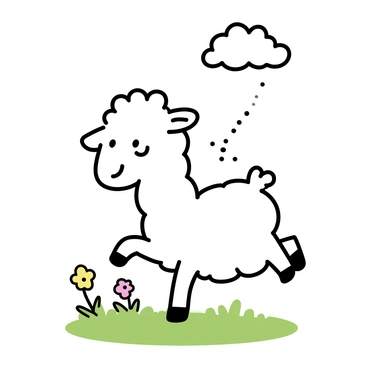 A small white lamb with soft, fluffy wool is leaping joyfully through a vibrant green pasture. The lamb's ears are perked up, and its playful expression shows a sense of excitement. Surrounding the lamb are patches of bright green grass, dotted with a few colorful wildflowers. The sky above is clear with a few fluffy white clouds.