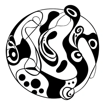 A swirling composition of various shapes and lines that intertwine throughout the space. The design features bold, dynamic forms that flow into one another, creating a sense of movement and depth. The piece includes overlapping circular and organic shapes, each with distinct patterns that suggest a fluid motion. The artwork is set against a textured background that emphasizes the intricate details of the swirling forms.