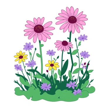 A vibrant scene featuring pink echinacea flowers with large, daisy-like petals standing tall among a variety of wildflowers in a lush green meadow. The echinacea flowers are framed by delicate yellow buttercups and purple clover blossoms, each flower showcasing its unique shape and color. The flowers appear to be engaged in animated conversation, with their petals slightly swaying as if moved by a gentle breeze. The sky above is clear, allowing bright sunlight to illuminate the colorful wildflowers and create a cheerful atmosphere.