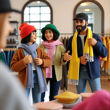 A group of three friends, two women and one man, are in a trendy boutique filled with colorful hats and scarves. One woman has curly hair and is wearing a bright red beanie, smiling as she tries on a blue and white striped scarf. The other woman has straight hair and is wearing a green fedora, playfully adjusting a pink pashmina around her neck. The man has dark, wavy hair and is donning a black cap while holding a vibrant yellow scarf in his hand, looking amused. The boutique has stylish clothing racks in the background and mirrors reflecting their joyful expressions. The atmosphere is lively and fun as they all engage in lighthearted banter.