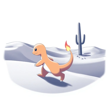A Charmander is walking through a vast, sandy desert. The creature has a vibrant orange body, with a long tail that has a flame flickering at the tip. The desert landscape is expansive with rolling dunes of fine sand. In the background, there is a tall cactus standing alone against the clear sky. The cactus has several arms extending upward and is surrounded by patches of dry earth. The sun casts shadows across the sand, emphasizing the contours of the dunes.