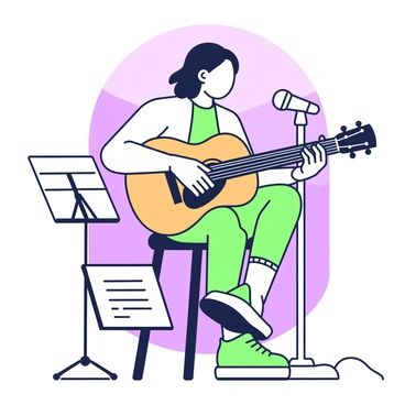 A musician adjusting the pegs on a guitar, tuning it before a performance