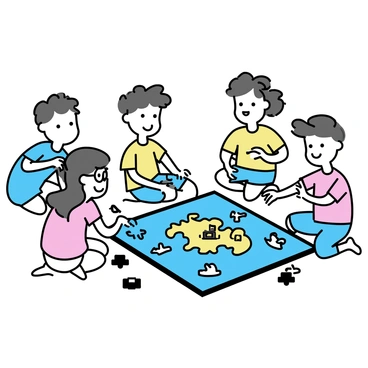 A group of four children, two boys and two girls, sitting on a light wooden floor. They are focused on a large jigsaw puzzle depicting a colorful pirate map. The boys are wearing t-shirts with bright designs, while the girls are in pastel-colored dresses. One boy has curly hair and is holding a puzzle piece, while the other is pointing to a spot on the puzzle. The girl with glasses is smiling as she fits a piece into place, and the other girl is looking at the completed section with excitement. Puzzle pieces are scattered around them, and some pieces are visibly shaped like islands and treasure chests.
