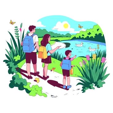 A family of four is hiking along a winding trail in a vibrant delta. The family consists of a father wearing a blue backpack, a mother carrying a yellow water bottle, and two children, a boy and a girl, both excitedly pointing at the wildlife around them. Lush greenery surrounds the trail, with various plants showcasing different shapes and sizes. There are tall grasses swaying gently in the breeze and colorful flowers blooming along the path. In the background, a group of ducks is swimming in a clear blue pond, while a couple of butterflies flutter above the flowers. The sun is shining, casting warm light on the scene, creating a lively and engaging atmosphere.
