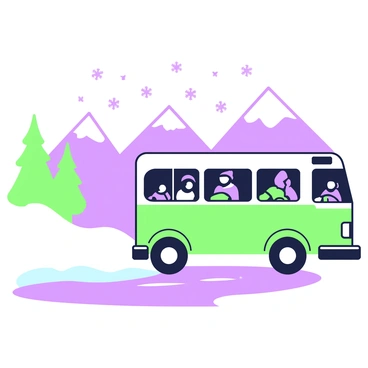 A tour bus is moving along a winding road surrounded by towering snow-covered mountains. The driver, wearing a warm jacket and a hat, is focused on the road ahead. Inside the bus, several passengers are seated, looking out the windows at the winter landscape. Snowflakes are gently falling from the sky, creating a serene atmosphere. In the background, the mountain peaks are capped with thick layers of snow, and some evergreen trees can be seen alongside the road. The scene captures the essence of winter travel.