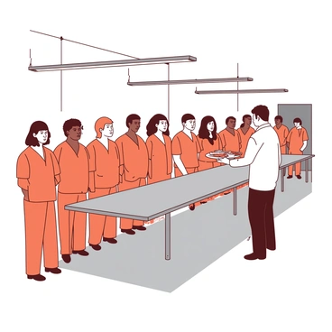 A group of inmates dressed in orange jumpsuits is lined up in a gray prison cafeteria. Each inmate is standing in a straight line, patiently waiting to receive their meals. The cafeteria has long tables that are bolted to the floor, and metal trays are being handed out by a guard wearing a white uniform. The walls are a dull white, and fluorescent lights illuminate the scene, creating a stark atmosphere. Each inmate has a serious expression on their face, reflecting the environment around them.