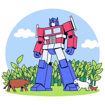 Optimus Prime stands in a farming landscape, towering over the green fields of crops. He has a strong, metallic blue and red color scheme, with his signature features prominently displayed. Surrounding him are rows of vibrant green plants, including corn and wheat swaying gently in the breeze. A few playful farm animals, such as a brown cow and white sheep, wander near his feet. In the background, a bright blue sky stretches overhead, with a few fluffy white clouds scattered across it.