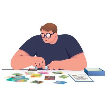 A player building a strategic card deck, surrounded by piles of cards