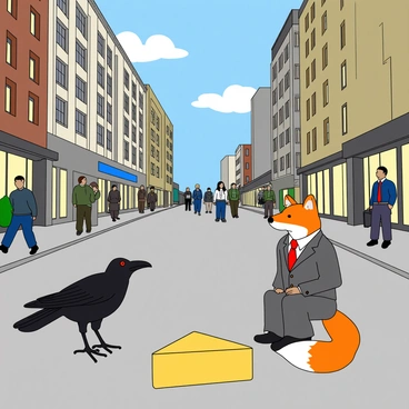 A contemporary city scene featuring a busy street with tall buildings and bustling pedestrians. In the foreground, a crow wearing a small black suit and a red tie stands on one leg, with its wings crossed, looking serious. Opposite the crow, a fox dressed in a sleek gray suit with a matching tie sits on its haunches, holding a tiny briefcase. Between them lies a large piece of cheese on the ground, bright yellow and triangular in shape. The background includes a few people walking by, some glancing at the unusual negotiation happening in the street. The sky is a clear blue, with a few fluffy clouds drifting lazily.