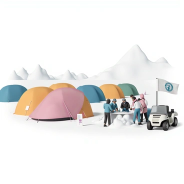 A base camp, featuring several large, colorful tents, is set up on the icy plains of Antarctica. The tents are secured with ropes and stakes, displaying bright colors against the stark white snow. Nearby, a group of researchers, dressed in heavy winter gear with hoods and goggles, are gathered around a portable workstation. They are examining samples and discussing their findings, with papers and equipment scattered on a makeshift table made of snow. A snowmobile is parked close by, and a flag representing their research organization flutters in the cold breeze. In the background, vast expanses of white ice and distant mountain peaks complete the scene.