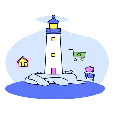 A tall lighthouse stands on a rocky shore, its white exterior contrasting against a blue sky. The light at the top of the lighthouse emits a bright beam, projecting onto various budget categories displayed on the ground below. Each category is represented by a colorful icon: a house for housing costs, a shopping cart for groceries, a piggy bank for savings, and a briefcase for work-related expenses. The scene captures the lighthouse as a guiding symbol, illuminating the pathway toward sound financial decisions.