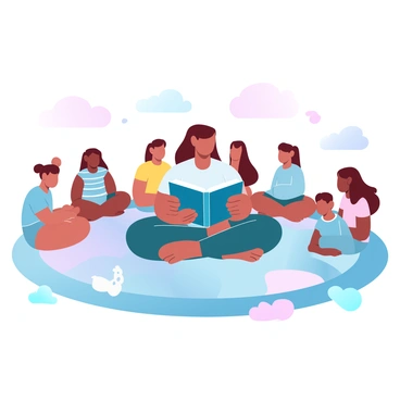 A teacher is seated cross-legged on a large, colorful carpet. She is holding a storybook open and is engaged in reading aloud. Surrounding her are several children, sitting in a circle, all looking attentively at the book. Each child has a unique outfit, with some wearing bright colors and patterns. The carpet features various geometric shapes and pastel colors. Nearby, there are plush toys scattered around the carpet, adding to the cozy atmosphere of the reading session.