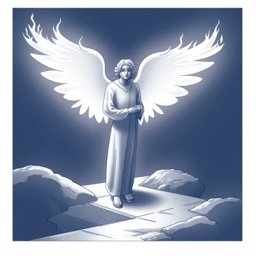 An angel with large, majestic wings formed from flames. The wings are spread wide, creating a striking contrast against the darkness surrounding the figure. The angel stands tall, illuminating a narrow path that stretches into the shadows. The light from the flames casts flickering shadows, revealing details of the rocky terrain beneath the angel's feet. The expression on the angel's face is focused and determined, emphasizing the role of guidance in the midst of obscurity.
