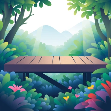 A large helicopter pad made of dark wood is situated on a stable wooden platform elevated above the ground. Surrounding the pad, thick green foliage and tall trees with broad leaves create a dense jungle environment. The ground below is rich with various shades of green, and colorful tropical flowers are scattered among the undergrowth. Sunlight filters through the trees, casting dappled shadows on the wooden surface of the platform. In the background, a misty atmosphere enhances the sense of wilderness, and a few distant mountains are partially visible through the layers of trees.